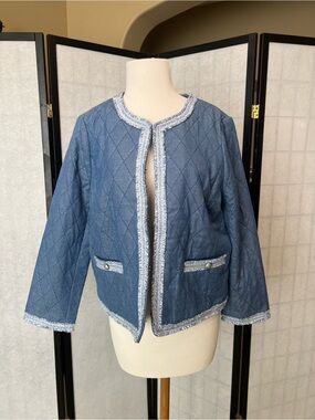 Talbots Quilted Blue Denim Tweed-Trim Jacket